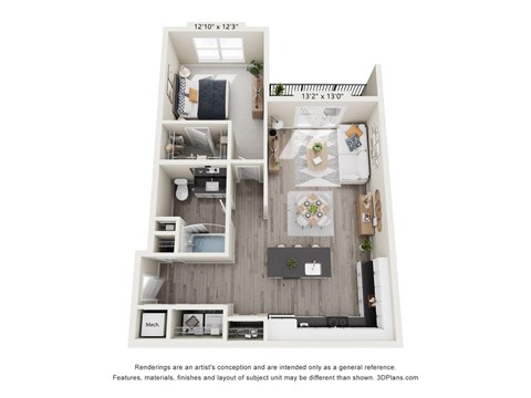 Floor plan for 1 bed, 1 bath, 790 sqft