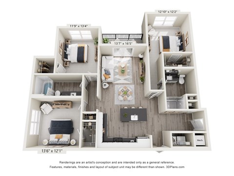 Floor plan for 3 beds, 2 baths, 1218 sqft