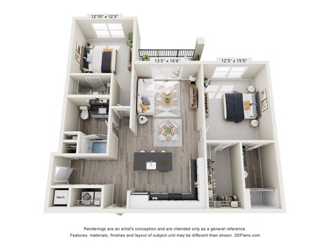 Floor plan for 2 beds, 2 baths, 1125 sqft