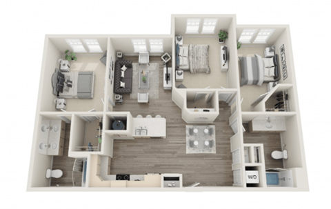 Floor plan for 3 beds, 2 baths, 1265 sqft