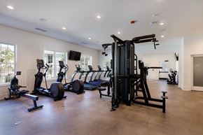Fayetteville apartment for rent - A spacious gym with a variety of equipment including treadmills, elliptical machines, and a weight machine.