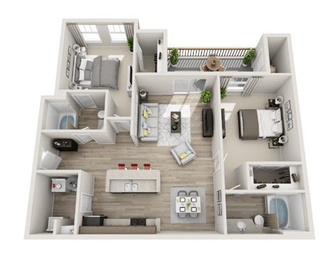 Floor plan for 2 beds, 2 baths, 1076 sqft