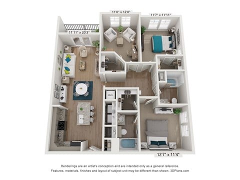 Floor plan for 2 beds, 2 baths, 1309 sqft