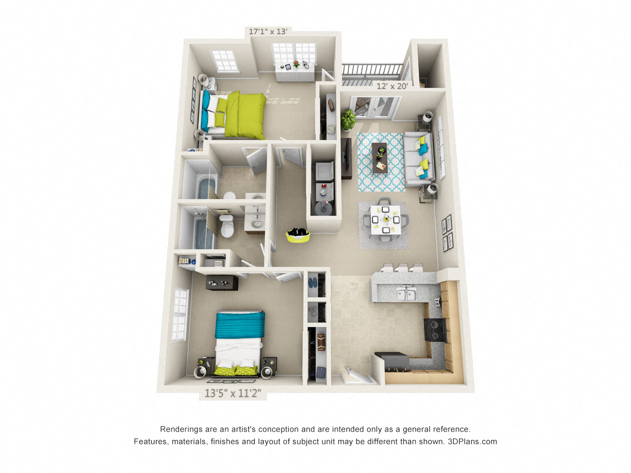 Floor plan for 2 beds, 2 baths, 1075 sqft