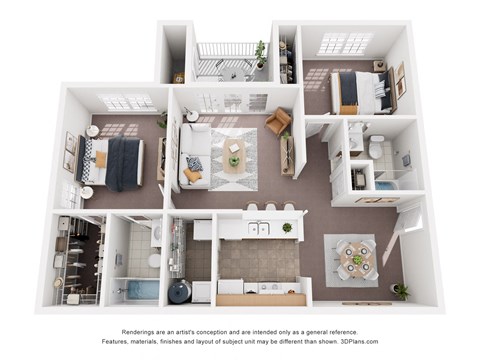 Floor plan for 2 beds, 2 baths, 943 sqft