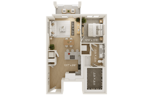 Floor plan for 1 bed, 1 bath, 841 sqft