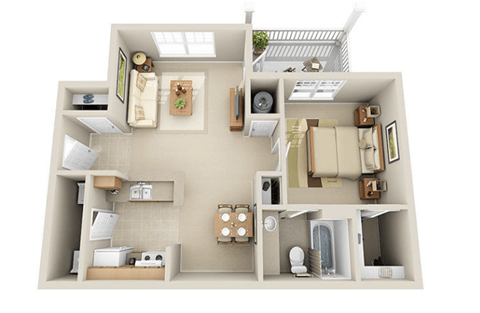 Floor plan for 1 bed, 1 bath, 652 sqft