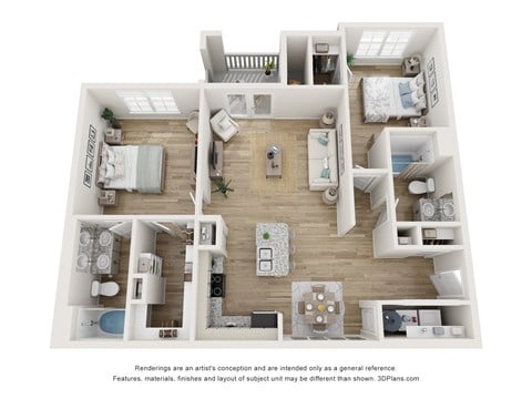Floor plan for 2 beds, 2 baths, 1162 sqft