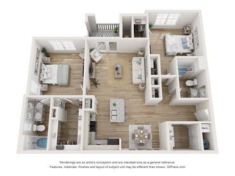 Floor plan for 2 beds, 2 baths, 1232 sqft