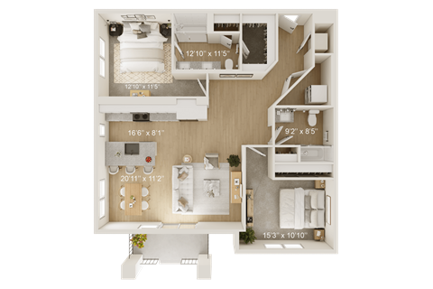 Floor plan for 2 beds, 2 baths, 1185 sqft