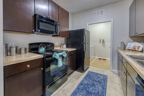Orange City apartment for rent - A kitchen with brown cabinets and a black refrigerator.