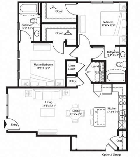 Floor plan for 2 beds, 2 baths, 1106 sqft