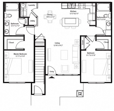 Floor plan for 2 beds, 2 baths, 1088 sqft