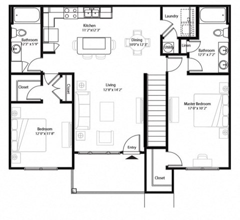 Floor plan for 2 beds, 2 baths, 1202 sqft