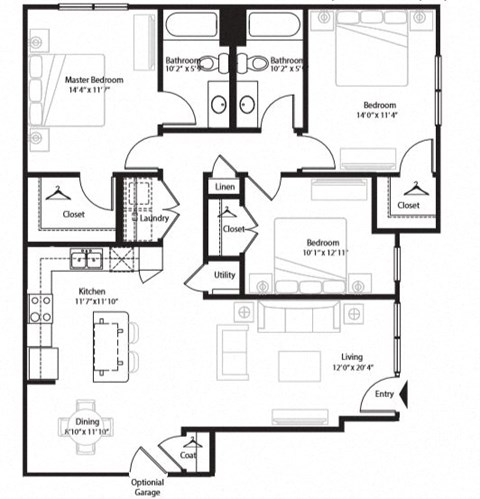 Floor plan for 3 beds, 2 baths, 1334 sqft