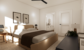 Greensboro apartment for rent - A bedroom with a large bed and a ceiling fan.