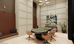 Greensboro apartment for rent - A poker table is surrounded by chairs in a room with a painting hanging on the wall.