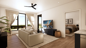 Greensboro apartment for rent - A modern living room with a large window and a ceiling fan.