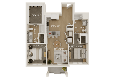 Floor plan for 2 beds, 2 baths, 1076 sqft