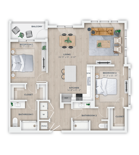 Floor plan for 2 beds, 2 baths, 1214 sqft