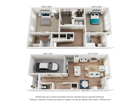 Floor plan for 2 beds, 2.5 baths, 1530 sqft