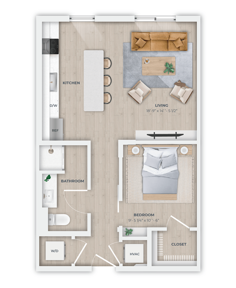 Floor plan for 1 bed, 1 bath, 617 sqft