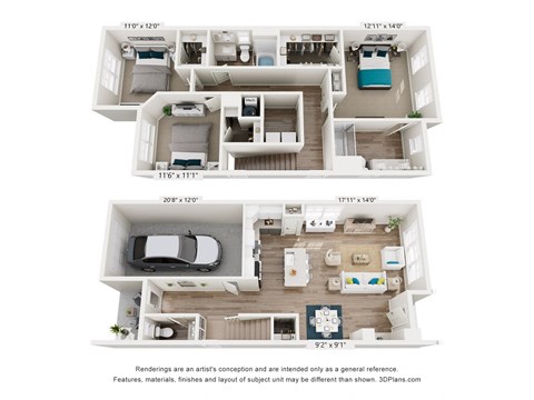 Floor plan for 3 beds, 2.5 baths, 1613 sqft