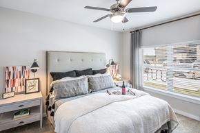 San Marcos apartment for rent - a bedroom with a large bed and a ceiling fan