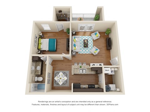 Floor plan for 1 bed, 1 bath, 808 sqft