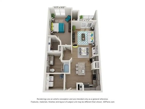 Floor plan for 1 bed, 1 bath, 859 sqft
