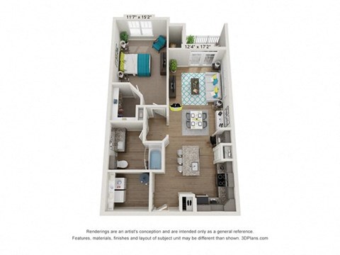 Floor plan for 1 bed, 1 bath, 859 sqft