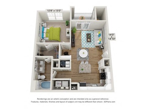 Floor plan for 1 bed, 1 bath, 755 sqft