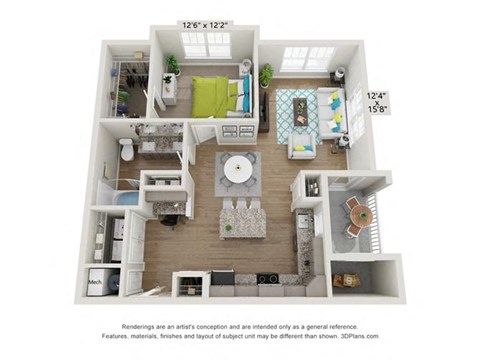 Floor plan for 1 bed, 1 bath, 836 sqft