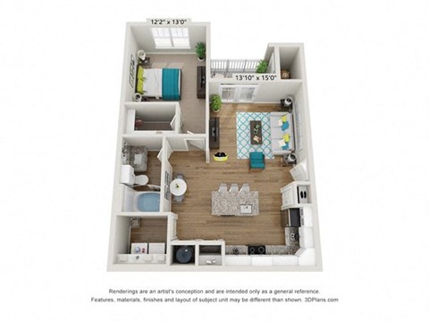 Floor plan for 1 bed, 1 bath, 789 sqft
