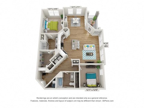 Floor plan for 2 beds, 2 baths, 1347 sqft