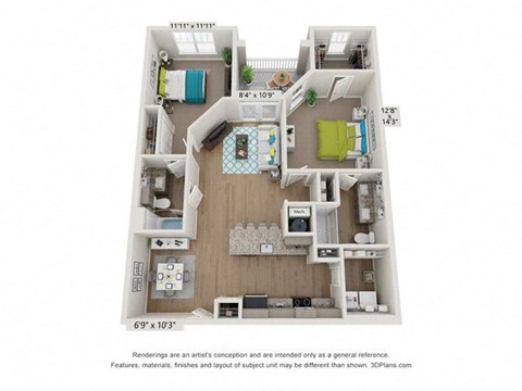 Floor plan for 2 beds, 2 baths, 1213 sqft