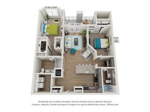 Floor plan for 2 beds, 2 baths, 1213 sqft