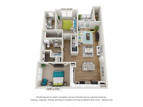 Floor plan for 2 beds, 2 baths, 1104 sqft