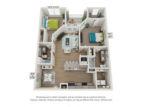 Floor plan for 2 beds, 2 baths, 1160 sqft