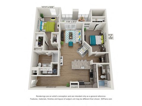 Floor plan for 2 beds, 2 baths, 1195 sqft