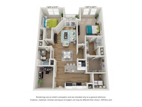 Floor plan for 2 beds, 2 baths, 1293 sqft
