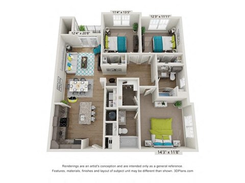 Floor plan for 3 beds, 2 baths, 1327 sqft