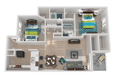 Floor plan for 2 beds, 2 baths, 1072 sqft