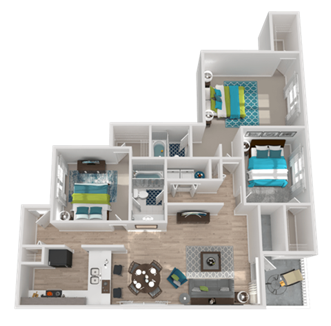 Floor plan for 3 beds, 2 baths, 1284 sqft