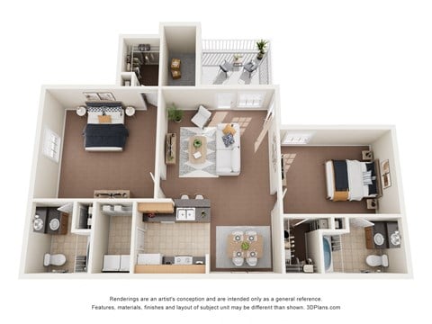 Floor plan for 2 beds, 2 baths, 1313 sqft