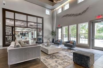 Jacksonville apartment for rent - A living room with a grey couch and a large window.