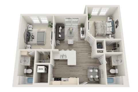 Floor plan for 2 beds, 2 baths, 985 sqft