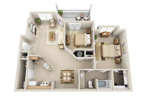 Floor plan for 2 beds, 1 bath, 933 sqft