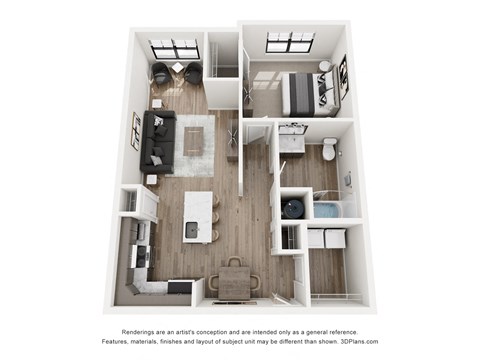 Floor plan for 1 bed, 1 bath, 833 sqft