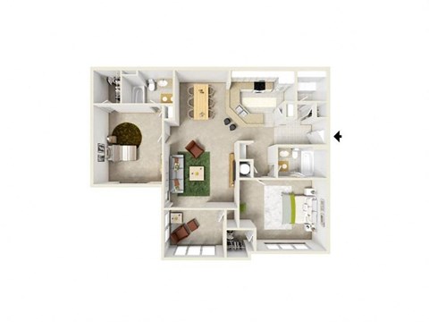 Floor plan for 2 beds, 2 baths, 1300 sqft